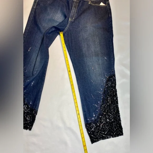 Embellished deep blue denim jeans Sequin Black Lace Embroidered Capri - Picture 7 of 13